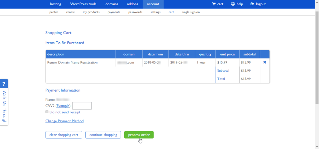 bluehost 域名续费购物车