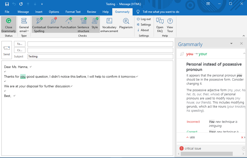 grammarly for outlook 365 mac